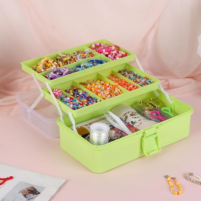 Small Toolbox with Handle, Tackle Box 3-Layer Craft Organizers, Portable Folding Plastic Tool Box for Sewing Supplies, Medicine, Art Supplies, Nails and Hair Accessories(Green)