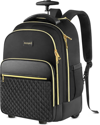 Arcoyard Rolling Backpack for Women, 17 inch Travel Laptop Wheeled Backpack with Anti Theft Zippers for Adults, Large Water Resistant Carryon Luggage Roller Bag Flight Approved for Work College, Black