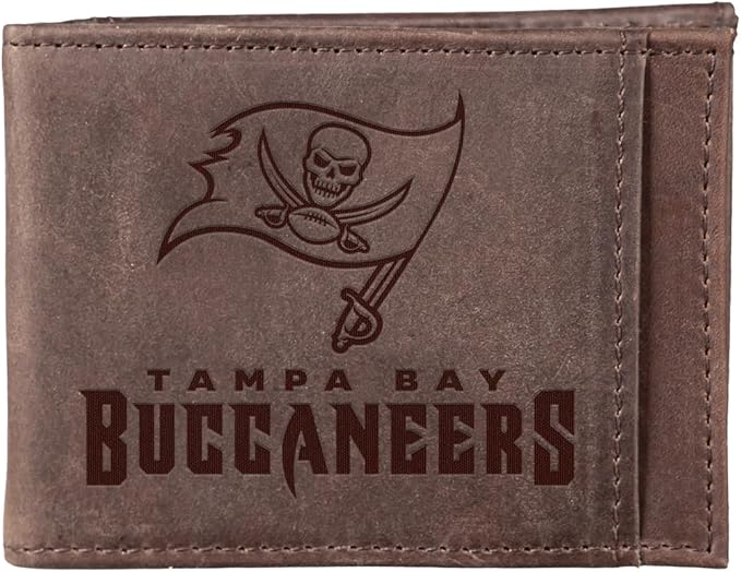 Team Sports America NFL Tampa Bay Buccaneers Front Pocket Slim Wallet for Men | Minimalist Leather RFID Blocking Bifold Card Holder with Money Clip | Officially Licensed Stamped Logo