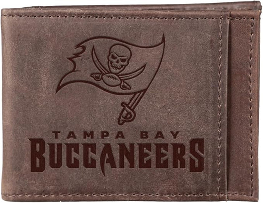 Team Sports America NFL Tampa Bay Buccaneers Front Pocket Slim Wallet for Men | Minimalist Leather RFID Blocking Bifold Card Holder with Money Clip | Officially Licensed Stamped Logo