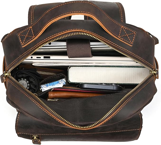 Vintage Full Grain Leather Backpack for Men, 16" Laptop Rucksack For Men Hiking Trave Work Business Bag, 1829 Dark Brown