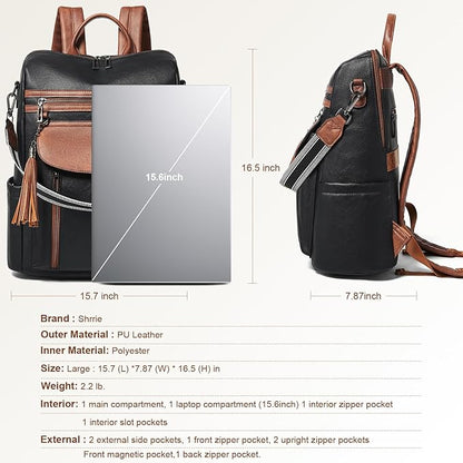 Shrrie Laptop Backpack for Women 15.6 inch,Travel Leather Backpack Purse Nurse Teacher Carry on Backpack Computer Bag,Professional Water-Resistant College Business Work Casual Daypack,Black with Brown