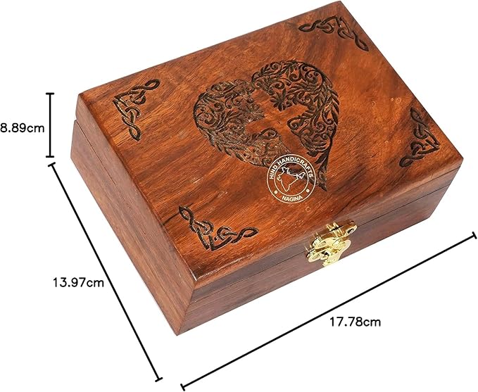 Rosewood Handmade Wooden Jewelry Box – Celtic Heart Engraved Keepsake Storage Organizer | Handcarved Wooden Urn for Women & Men | Decorative Jewellery Gift Box (7"x5.5"x3.5")
