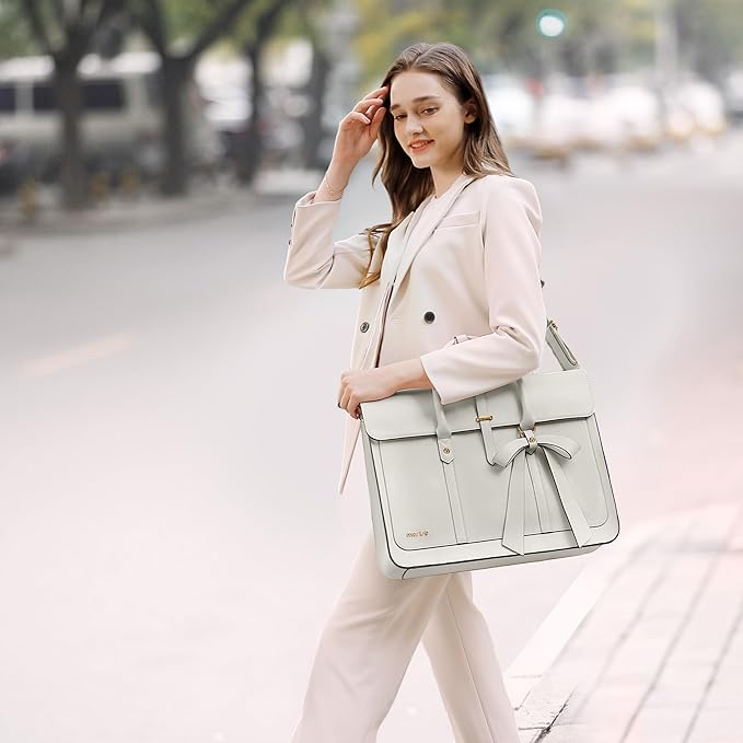 MOSISO Laptop Bag for Women, 15-15.6 inch PU Leather Laptop Shoulder Bags Convertible Backpack, 16 inch Messenger Bags Casual Handbag Work Briefcase Travel Computer Bag with Bowknot, Beige