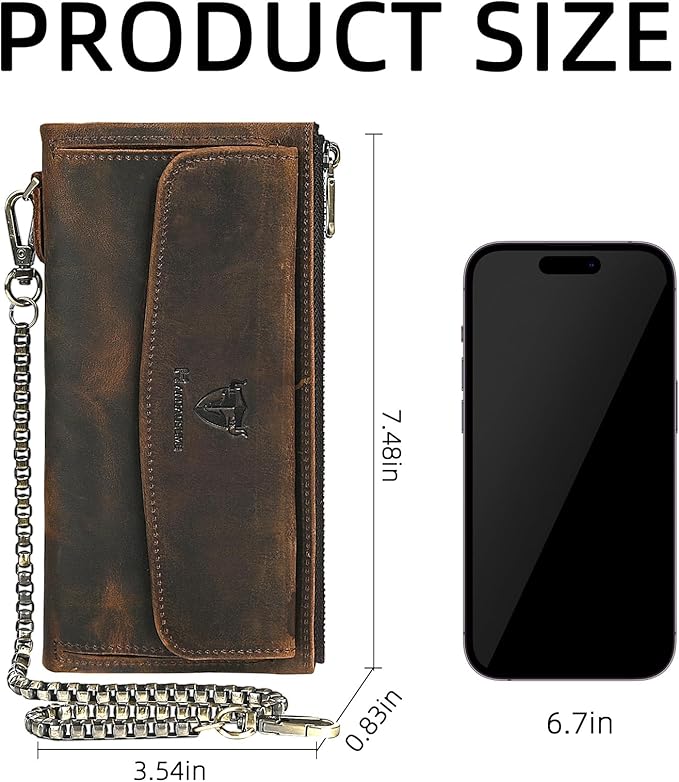 Genuine Crazy Horse Leather Travel Gift Coin Pocket Card Case Long Organizer Chain Rfid Wallet Purse With Snap For Men Male 1803 1815 (1803 Silver)