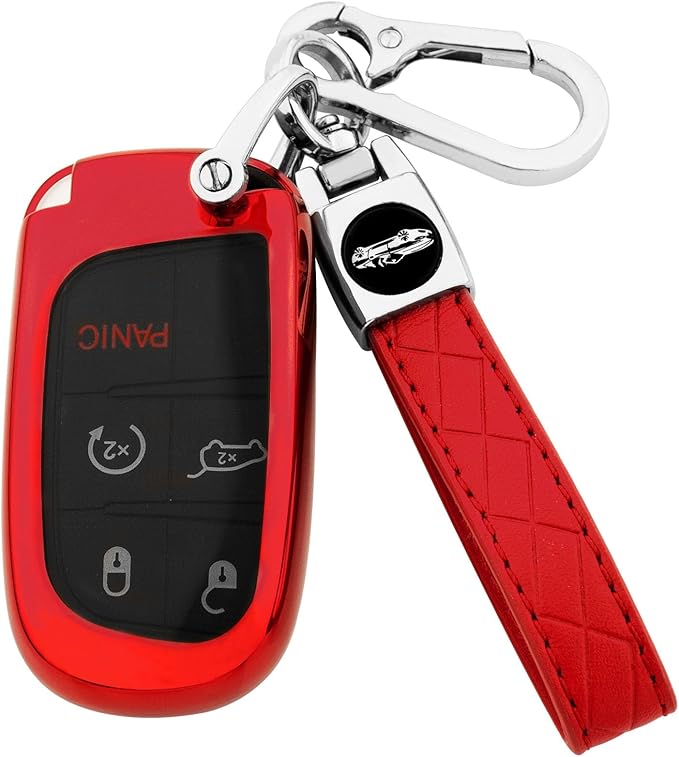 XIYANG TRADE for Jeep Key Fob Cover with Keychain,Soft TPU Key Case Shell Full Protection for Grand Cherokee Renegade Chrysler 200 300 Dodge RAM Durango Challenger Journey Dart Compass Charger(Red)
