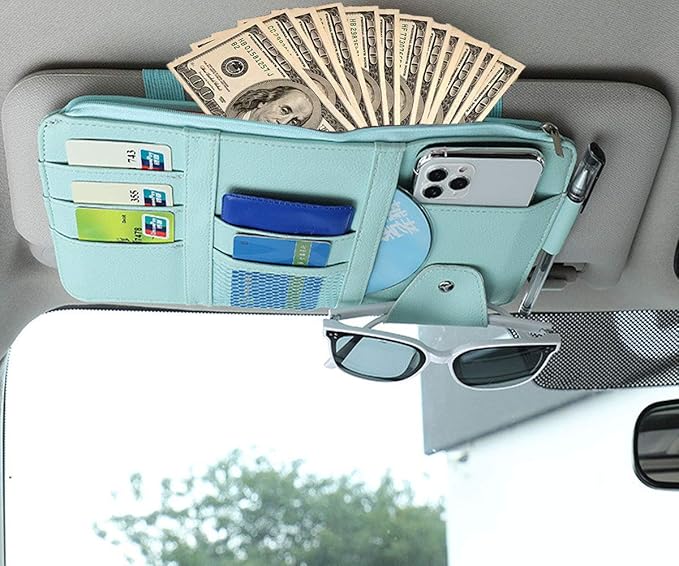 Car Sun Visor Organizer - Auto Interior Accessories with Pocket Organizers, Registration & Document Holder, Storage Pouch, Blue
