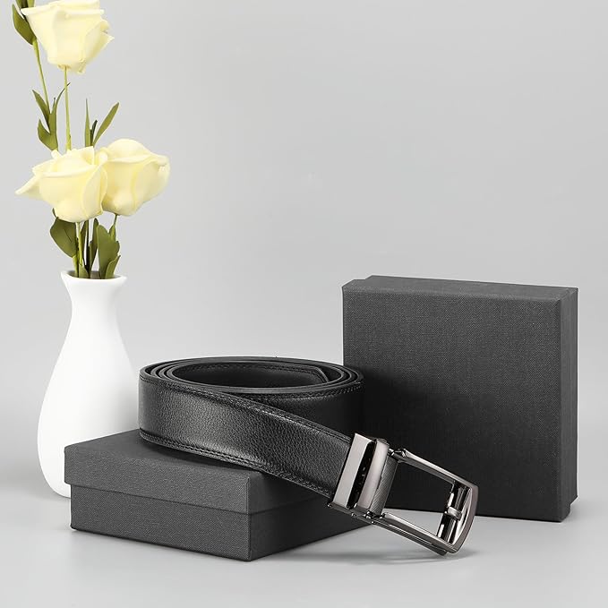 GAEKEAO Ratchet Belt for Men Genuine Leather 1 3/8" - Micro-Adjust Buckle Trim to Fit Dress Belt Casual to Formal Gift Boxed