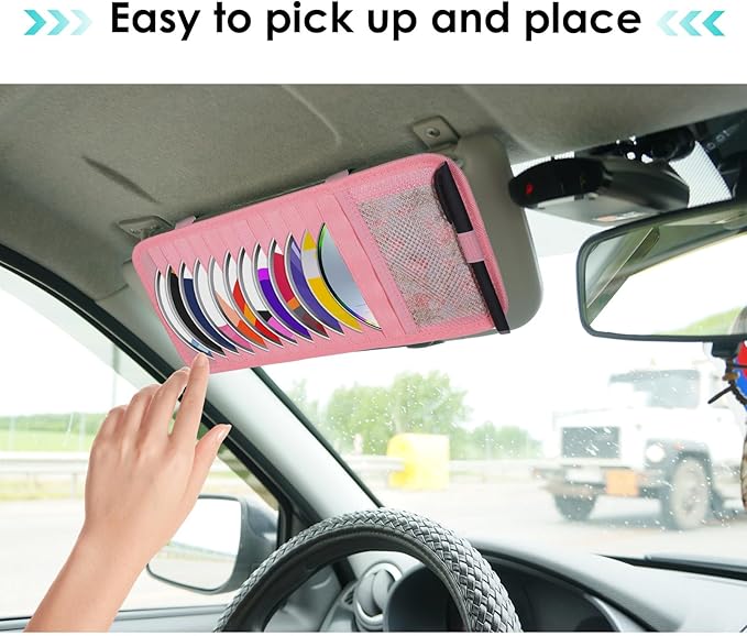 Car CD Case Holder, DVD Vehicle Visor Storage Orangizer Vehicle Sun Visor Organizer Large Capacity CD Case With 12 DVD Storage Sleeves, Mesh Pocket, Pen Holder And Elastic Strap, Pink Canvas Material