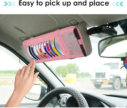 Car CD Case Holder, DVD Vehicle Visor Storage Orangizer Vehicle Sun Visor Organizer Large Capacity CD Case With 12 DVD Storage Sleeves, Mesh Pocket, Pen Holder And Elastic Strap, Pink Canvas Material