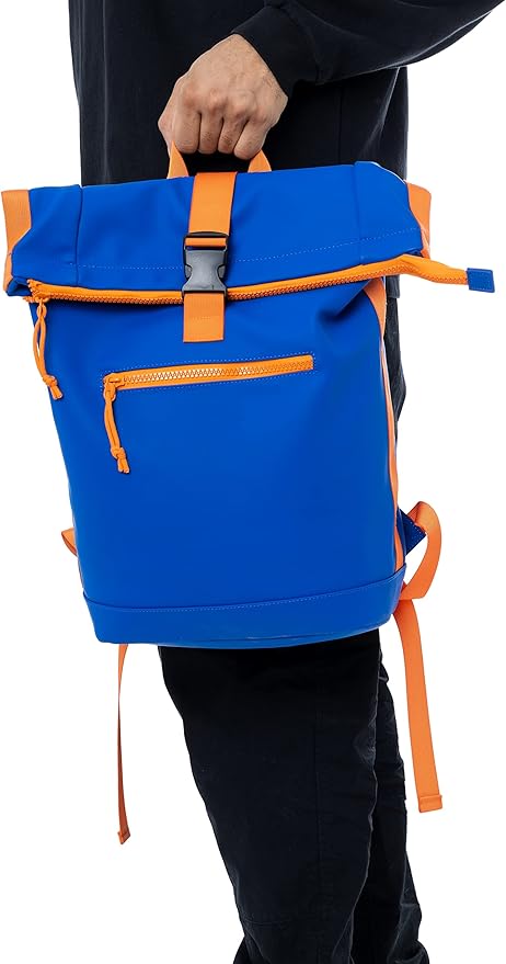 X RAY Roll Top Laptop Backpack for Men Women, PU Leather Expandable Roll Up Backpack Capacity Adjustable 22L & Fits 15.6" Laptop, Royal Blue/Tangerine