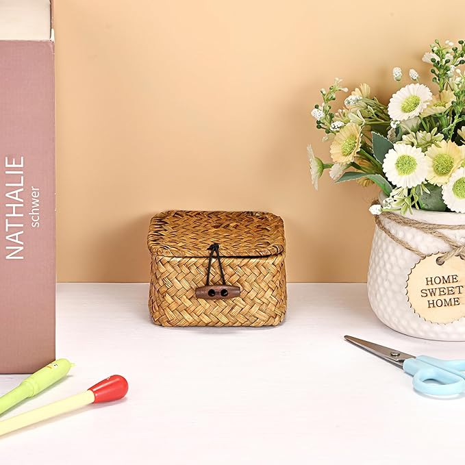 Hipiwe Handwoven Wicker Basket with Lid Desk Organizer for Remote Control Key Glass Coffee Color Seagrass Box for Decoration, Caramel Color 3.5" x 3.5" x 2"