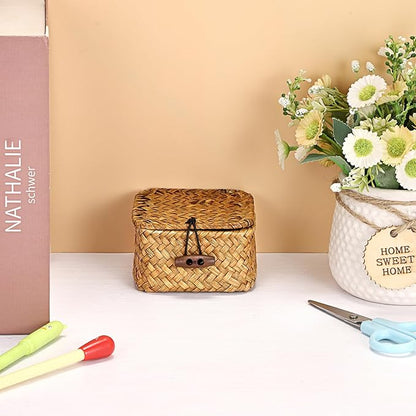 Hipiwe Handwoven Wicker Basket with Lid Desk Organizer for Remote Control Key Glass Coffee Color Seagrass Box for Decoration, Caramel Color 3.5" x 3.5" x 2"