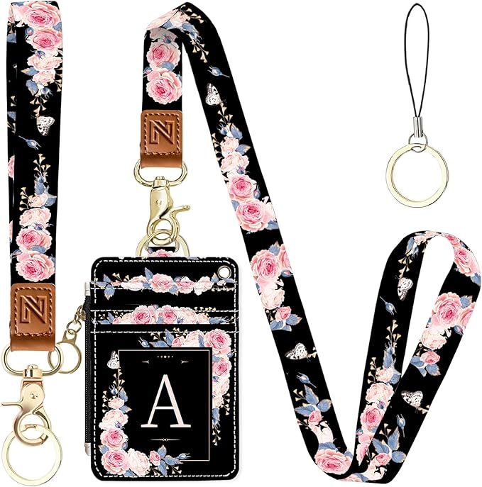 A-Z Letter 2-in-1 ID Badge Holder & Lanyard Wallet for Teachers,Nurse,Professionals-Cute Zippered Coin Pouch,Removable Wristlet & Neck Lanyard,5 Card Slots Stylish Work Essential A