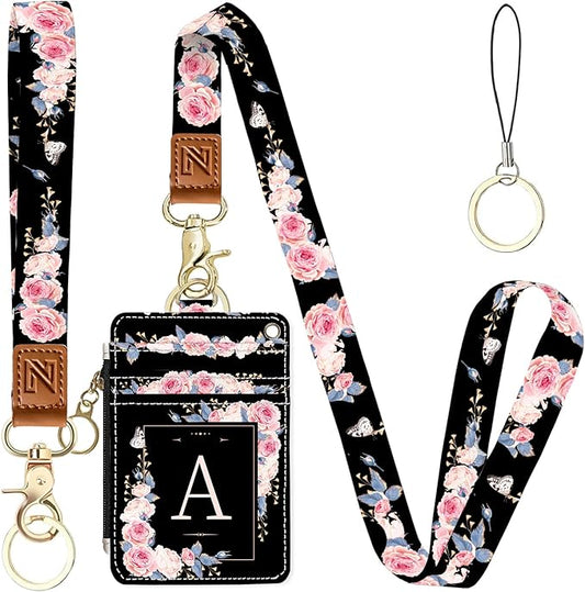 A-Z Letter 2-in-1 ID Badge Holder & Lanyard Wallet for Teachers,Nurse,Professionals-Cute Zippered Coin Pouch,Removable Wristlet & Neck Lanyard,5 Card Slots Stylish Work Essential A