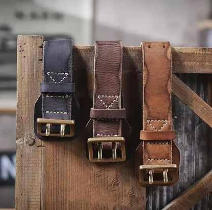 Handcrafted Vintage Style Leather Belt, Brown Full-Grain Leather, Brass Buckle, Double Stitched Design, Casual Wear