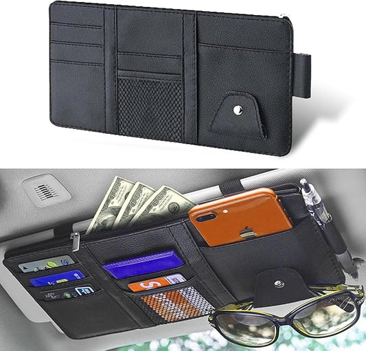 Pack-1 Car Sun Visor Organizer, 11.4In x 5.9In Multi-Functional Pocket Business Card Holder, Universal Car Interior Receiving, for Most Cars, Trucks and Vans (Black)
