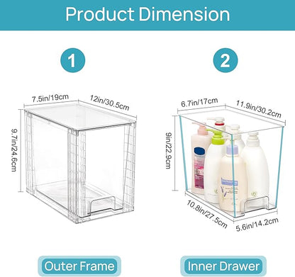 Vtopmart 2 Pack Clear Stackable Storage Drawers,9.7" High Plastic Organizers Bins for Skincare, Bathroom Supplies,Ideal for Cabinet,Undersink,Vanity,Kitchen,Pantry Organization