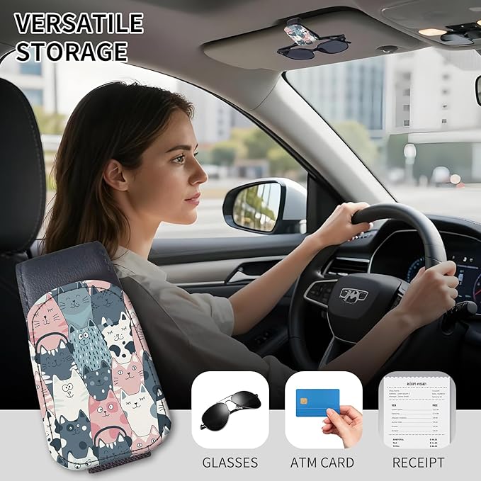Sunglasses Holder for Car Visor, PU Leather Glasses Clip Organizer, Cute Magnetic Eyeglass Holder for Vehicle Sun Visor, Car Interior Accessory for Women & Men Cute Cat Faces