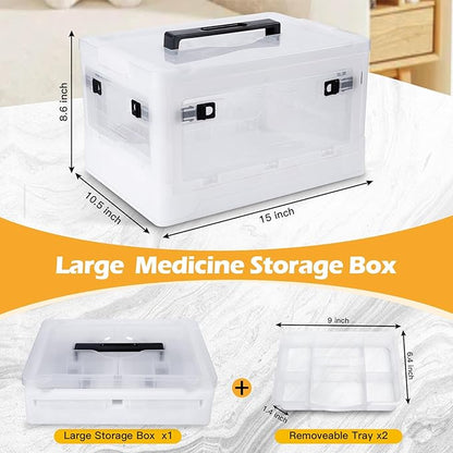 Gifhomfix Extra Large Medicine Storage Box with Handles, First Aid Box Clear Medical Supply Organizer with Removable Tray, Multipurpose Plastic Medicine Chest with Wheels