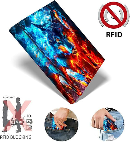 Minimalist Wallet for Men's Card Holders, Pop-Up Card Case Wallets for Women, Leather Automatic Credit Card Holder with Metal Money Clip RFID Blocking Bifold Pocket, Red Blue Flaming Wolf