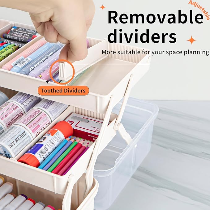 TERGOO 12.5in 3-Layer Multipurpose Craft Organizers and Storage with Adjustable Dividers, Portable Tackle Box, Folding Art & Craft Case for Medicine, Tool, Sewing Organizer (White)