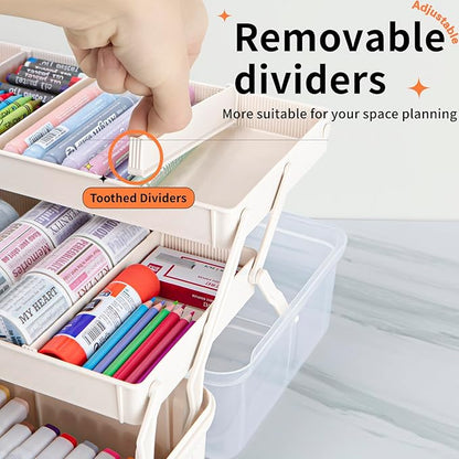 TERGOO 12.5in 3-Layer Multipurpose Craft Organizers and Storage with Adjustable Dividers, Portable Tackle Box, Folding Art & Craft Case for Medicine, Tool, Sewing Organizer (White)