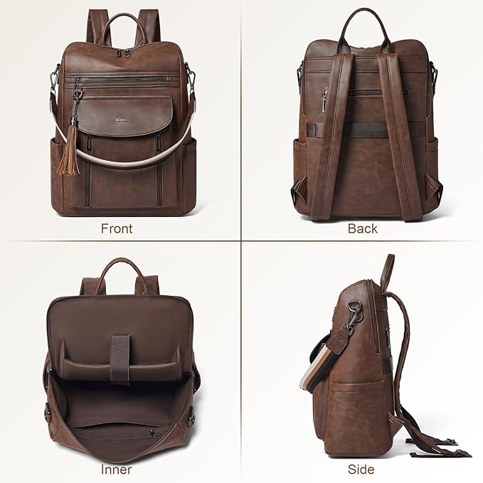 Shrrie Laptop Backpack for Women 15.6 inch,Travel Leather Backpack Purse Nurse Teacher Carry on Backpack Computer Bag,Professional Water-Resistant College Business Work Casual Daypack,Brown