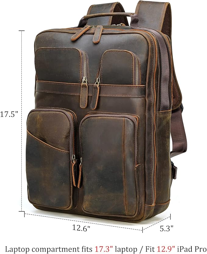Polare 17.3 Inch Full Grain Leather Backpack for Men and Women Multi Pockets Business Travel Laptop Rucksack (Brown)