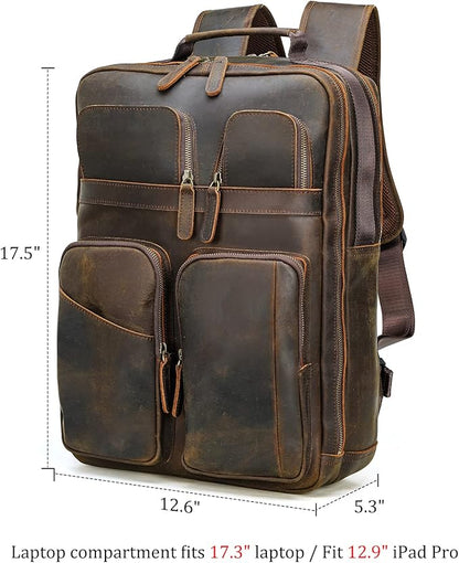 Polare 17.3 Inch Full Grain Leather Backpack for Men and Women Multi Pockets Business Travel Laptop Rucksack (Brown)