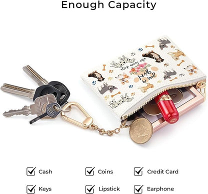 Cute Dogs Keychain Coin Purse for Women, Small PU Leather Change Pouch, Zipper Little Tiny Travel Wallet for Girls Puppy Lovers, Cute Kawaii Zip Pocket Coin Holder with Key Ring