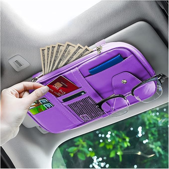 Car Sun Visor Organizer, Sunglass Holder and Storage Pocket, Card Cash Pouch with Multi-Pocket Net Zipper, Case Bag for License Pen Key, Auto Interior Accessories for Truck, SUV, Van (Purple)
