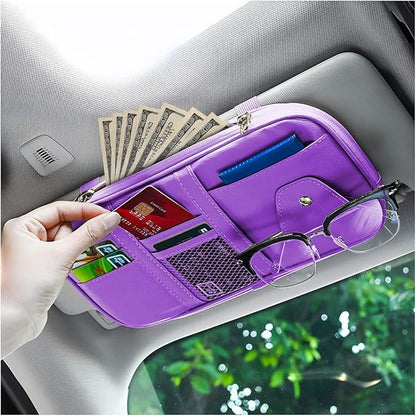 Car Sun Visor Organizer, Sunglass Holder and Storage Pocket, Card Cash Pouch with Multi-Pocket Net Zipper, Case Bag for License Pen Key, Auto Interior Accessories for Truck, SUV, Van (Purple)