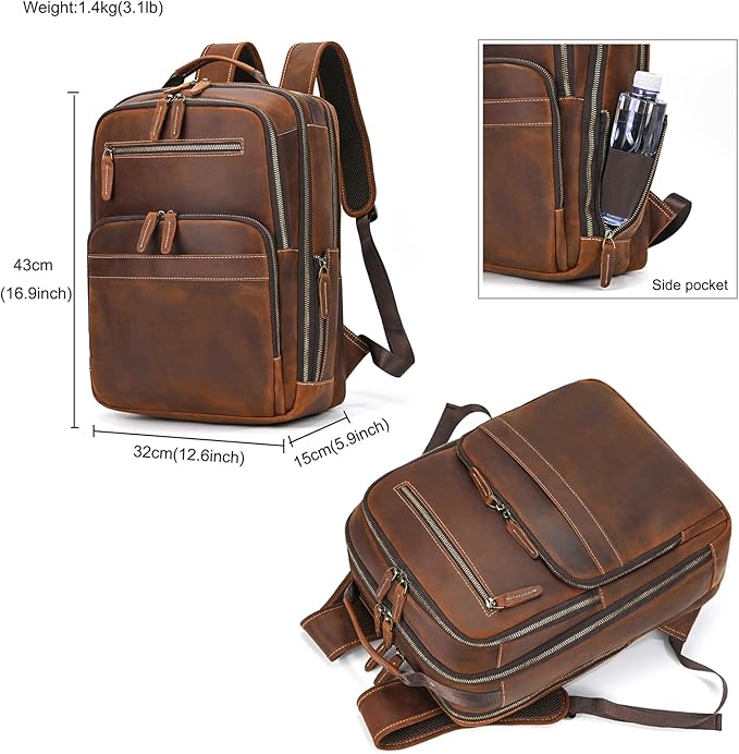 LUUFAN Full-grain Leather Brown Backpack for Men, 15.6 Inch Laptop Shoulder Bag Large Capacity Rucksack Business Daypack Travel Outdoor Bag with Trolley Sleeve
