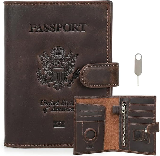CONTACTS Full Grain Leather Passport Holder Compatible with Airtag RFID Blocking Passport Wallet for Men Travel Passport Cover with SIM Card Removal Tool (Bagde, Dark Brown)
