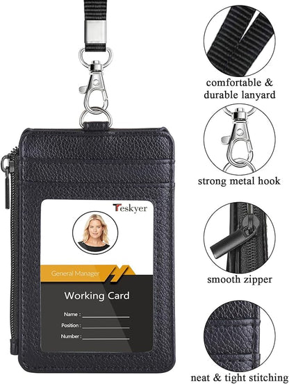 Teskyer Badge Holder with Side Zip Pocket, Multiple Card Slots Leather ID Holder Wallet with Neck Lanyard for Office Staffs, Teachers/Students, Workers, Cruise Cards, Bus/Metro Cards, Lichee Black