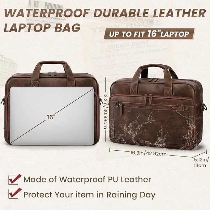 RAINSMORE Mens Laptop Bag 16 Inch Leather Briefcase Vintage Messenger Bag for Men Large Crossbody Shoulder Office Computer Bag Retro College Satchel Bag for Work, Business,Travel, Dark Brown