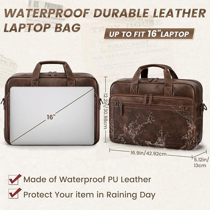 RAINSMORE Mens Laptop Bag 16 Inch Leather Briefcase Vintage Messenger Bag for Men Large Crossbody Shoulder Office Computer Bag Retro College Satchel Bag for Work, Business,Travel, Dark Brown