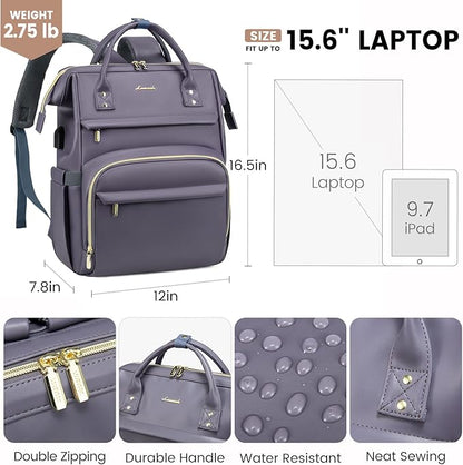 LOVEVOOK Leather Laptop Backpack for Women 15.6 inch,Travel Backpack Purse Nurse Teacher Backpack Computer Laptop Bag,Professional College Business Work Bag Carry On Backpack with USB Port,Grey Purple