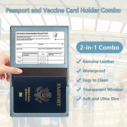 Genuine Leather Passport Cover Wallet, Ultra Slim Case with Vaccine Card Slot, RFID Blocking (Ice Blue)