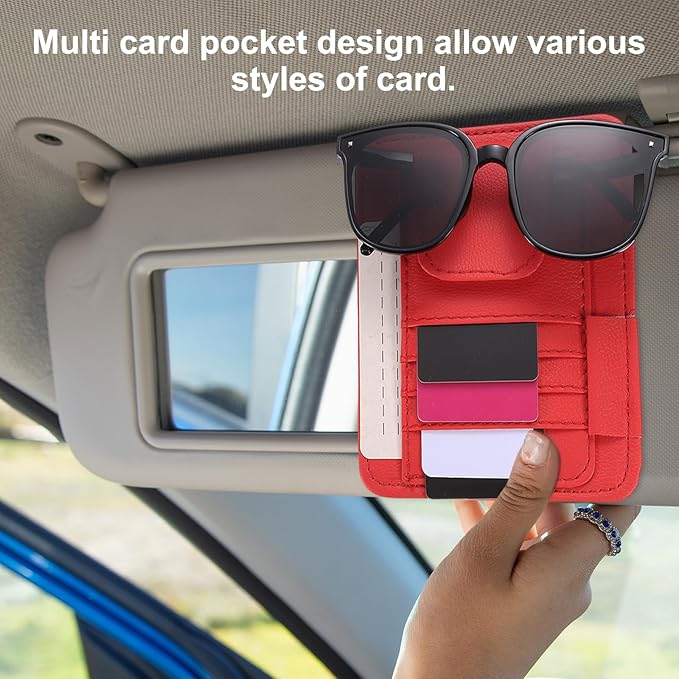 HARFINGTON Car Sun Visor Organizer 6.02" x 4.76" Leather Multi-Pocket Visor Card Sleeve Pocket Car Truck SUV Interior Storage Pouch for Driving License Credit Cards Bills Sunglasses, Red