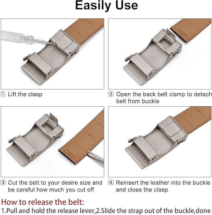 SENDEFN Men's Leather Belt Automatic Ratchet Buckle Slide Belt for Dress Casual Trim to Fit with Gift Box
