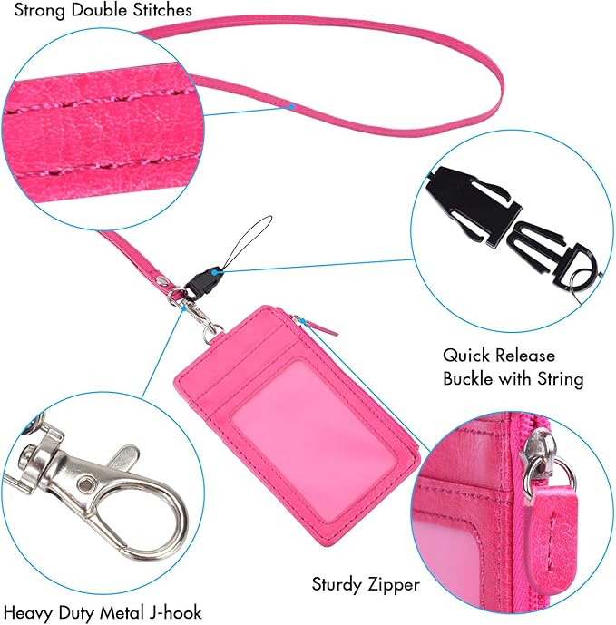 Badge Holder with Zip, Wisdompro Double Sided PU Leather ID Badge Card Holder Wallet Case with 5 Card Slots, 1 Side Zipper Pocket and 20 Inch Leather Neck Lanyard/Strap - Hot Pink (Vertical)