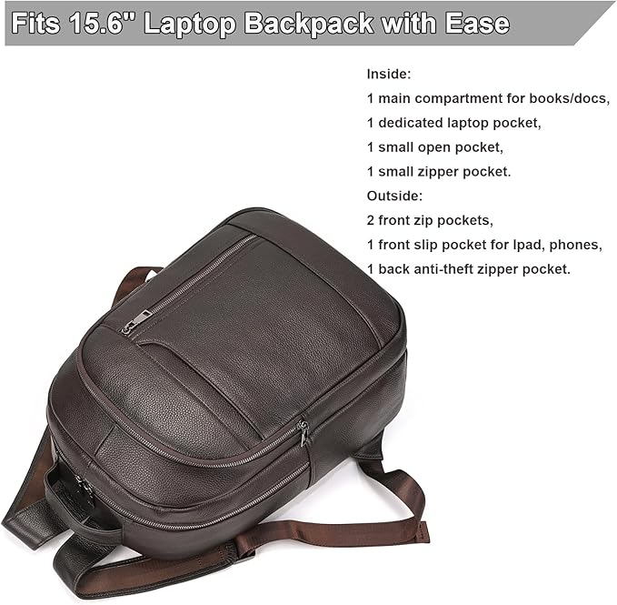 Large Capacity Genuine Leather Backpack for Men, 15.6 Inch Laptop Daypack Business Travel Shoulder Bag, Brown