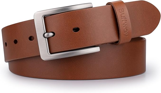 Buffway Men’s Full Grain Leather Belt – Solid One-Piece Leather, 1.5” Wide for Jeans & Business Casual, Gift Box Included