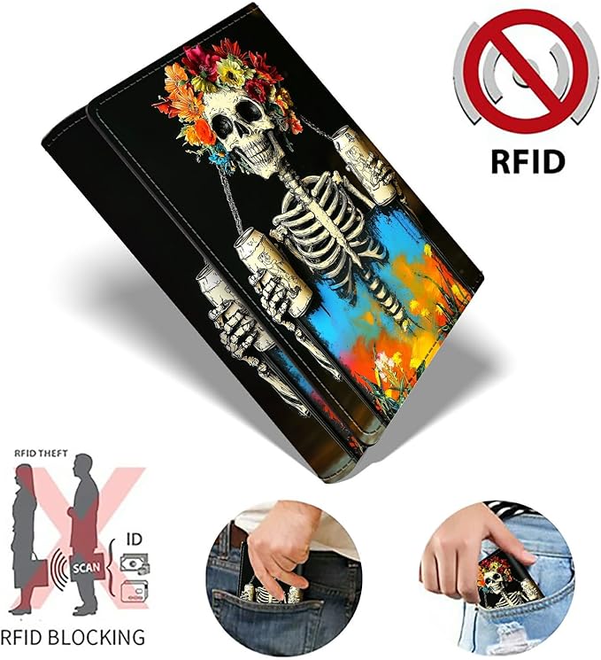Minimalist Wallet for Men's Card Holders, Pop-Up Card Case Durable Wallets for Women, Leather Automatic Credit Card Holder with Metal Money Clip RFID Blocking Bifold Pocket, Watercolour Skull