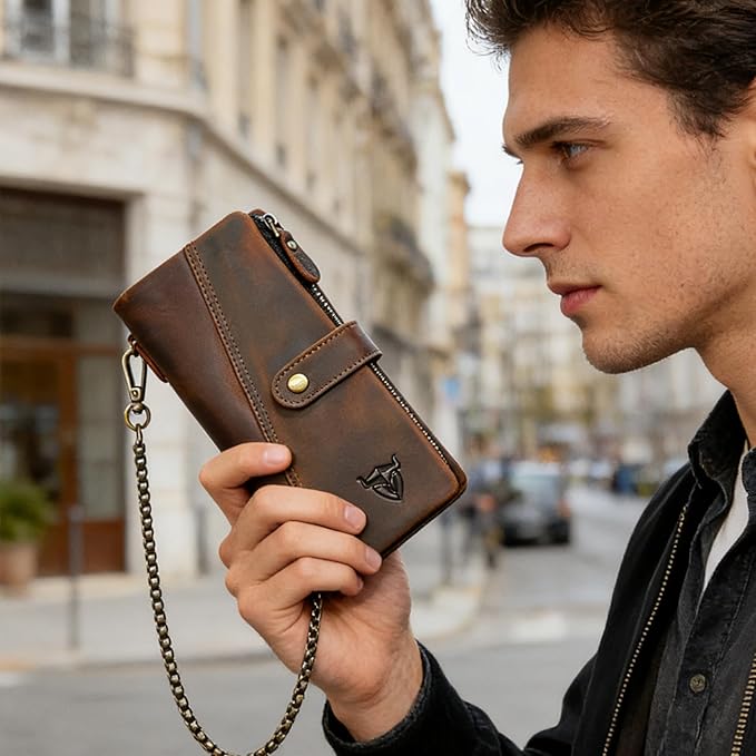 Genuine Crazy Horse Leather Travel Gift Coin Pocket Card Case Long Organizer Chain Rfid Wallet Purse With Snap For Men Male 1803 1815 (1803 Brown)