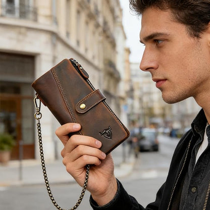 Genuine Crazy Horse Leather Travel Gift Coin Pocket Card Case Long Organizer Chain Rfid Wallet Purse With Snap For Men Male 1803 1815 (1803 Brown)