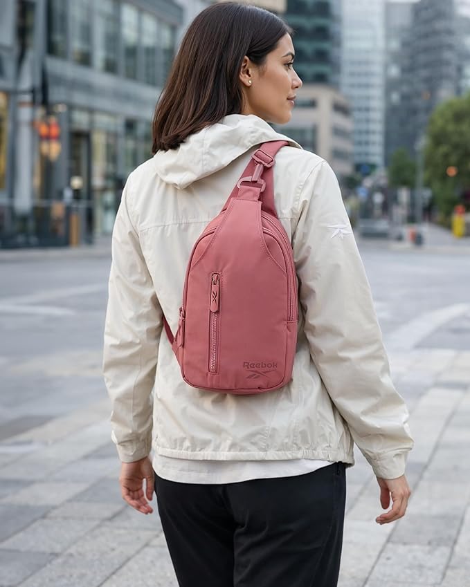 Reebok Unisex Crossbody Sling Bags – Compact Convertible Strap Cross Body Bag Travel Sling Bag - Gym & Travel Essential, Berry Rose