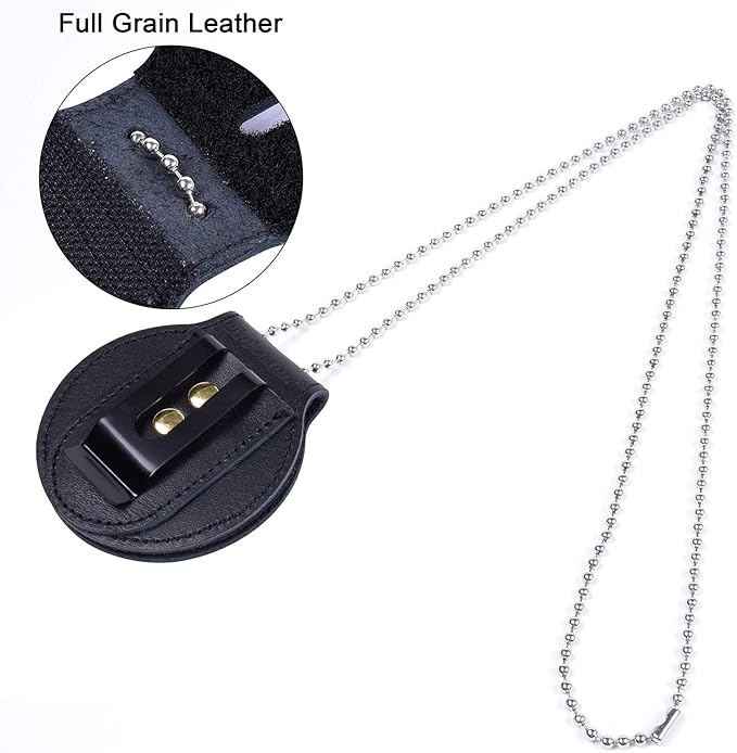 Wisdompro Police Badge Holder,Cowhide Leather Universal Police Badge Holder Pocket Case with Mn-Steel Belt Clip, Hook and Loop Closure and Stainless Bead Chain Necklace- Circle Shape